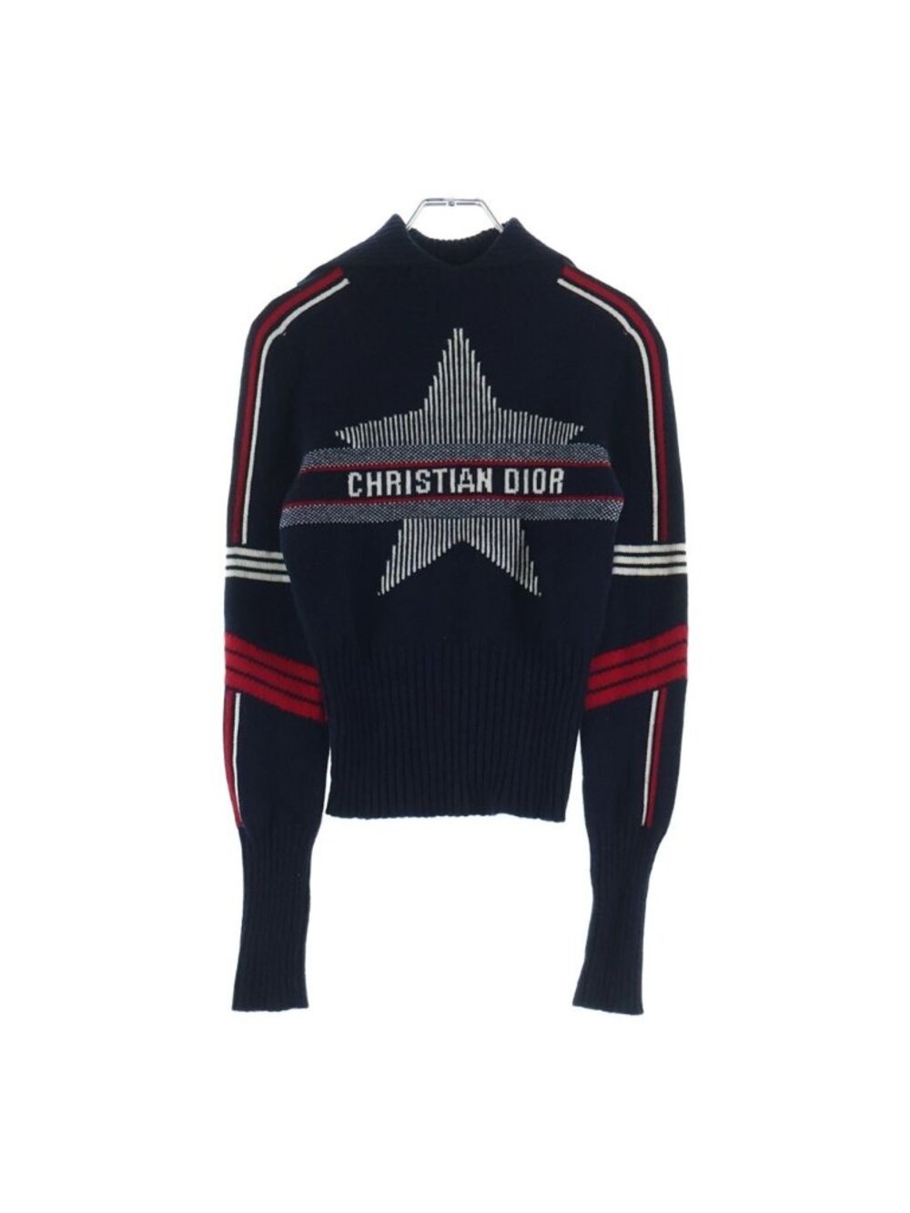 Dior Star Logo Jacquard Cashmere Blend Wool Knit Sweater Navy